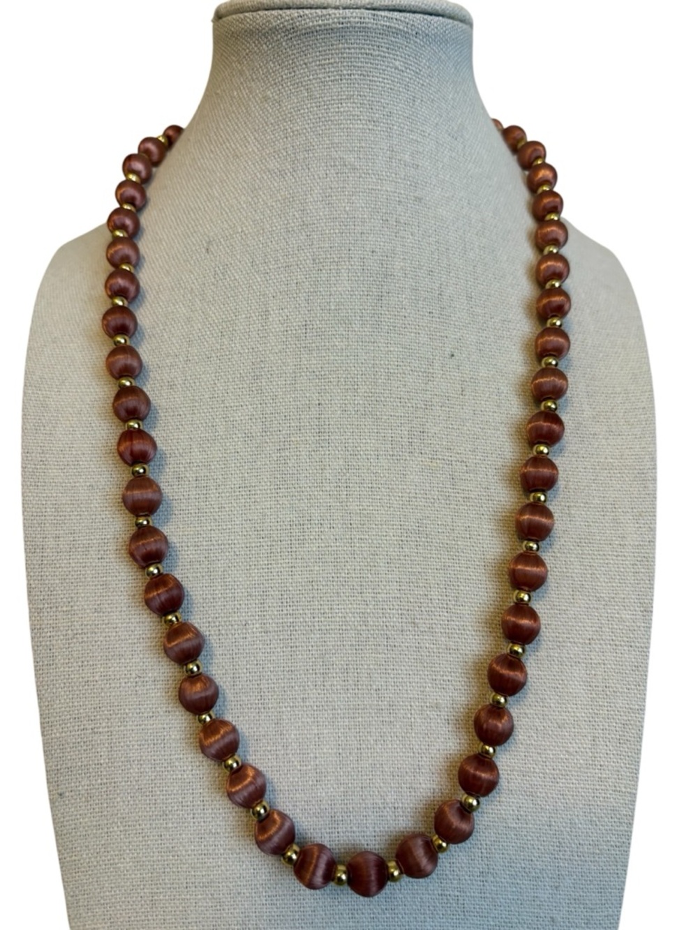Vintage Satin Silk Bead Necklace Gold Tone Pinkish Brown